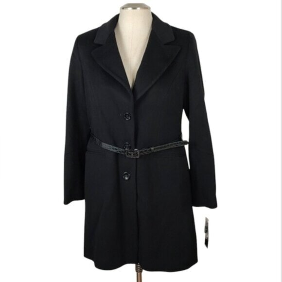 ! NWT! Y2K DKNY Wool Cashmere Blend Black Collar Belted Peacoat Coat Size 12